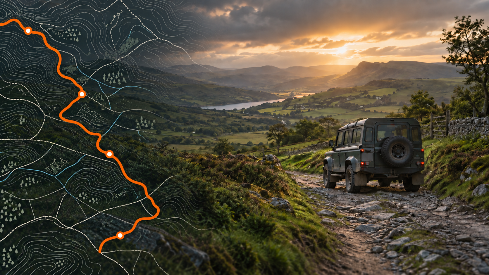 A four-wheel-drive vehicle following a rocky countryside lane through British hills